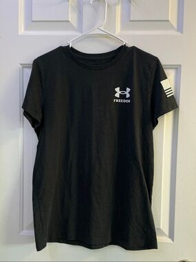 Under Armour Black Short Sleeve Tee with White Logo and Sleeve Flag